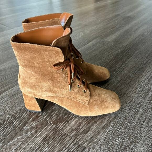 Marion Parke Stevie Suede Lace Up Boots Sz 9 Block Heel Tan Brown Ankle Booties - Picture 13 of 16